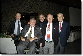 From left: Bud Blakey, Board of Directors Founding Member; Irv Naylor, Founder and Owner; Sepp Gmuender, Former GM; Hans Geier, Former GM; and Myron Scharko, an original member of the Ski Roundtop Ski Patrol.