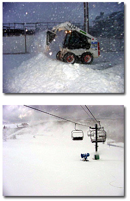 Snowshoe  received three inches of natural snow Wednesday night, giving  resort employees their first chance to clear some snow (top)  . Meanwhile, snowmaking continued around the clock in preparation  for a Saturday opening.