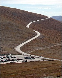Trail Ridge Road snakes  around the top of an above-treeline environment. Don't forget  to keep your eyes on the road.