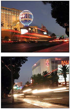 To get some great night shots in Vegas, bring a tripod and set your camera to a  low shutter speed.