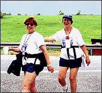 Glenda (right) and Anita somewhere between Frederick, Md. and Washington, D.C. The two  were among 2,800 to walk 60 miles over three days to raise money  for breast cancer research.