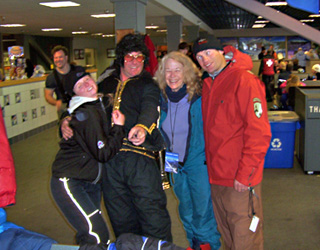 From left: Angie Bommarito, Racing Coach at University of Nevada-Reno; Charlie Curle as Elvis from Christchurch, NZ; Connie Lawn; and Shane McConkey, Skydiving freestyler and local legend.