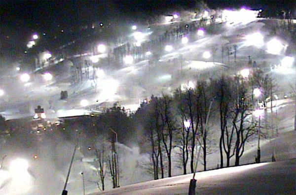Seven Springs is covering its slopes with snow, as seen in this webcam shot taken at 10:54 p.m. on Wednesday, July 10, 2007.  Seven Springs had received 4 inches of natural snow by Wednesday morning.