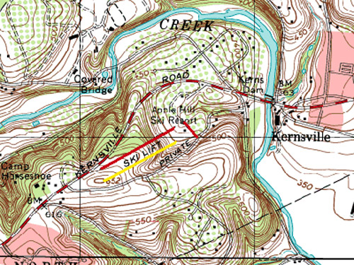 The longest red line was the t-bar lift, and the shortest red line was the beginner tow.  The yellow line was where Kevin saw some kind of lift evidence, but he's unsure if it was really a lift.