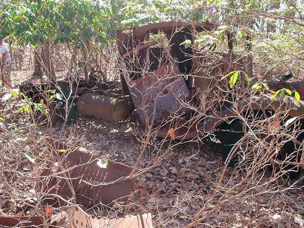 The rear wheels have sheave wheels attached to them for the tow.  This truck sits along the towline just above the old railroad grade.