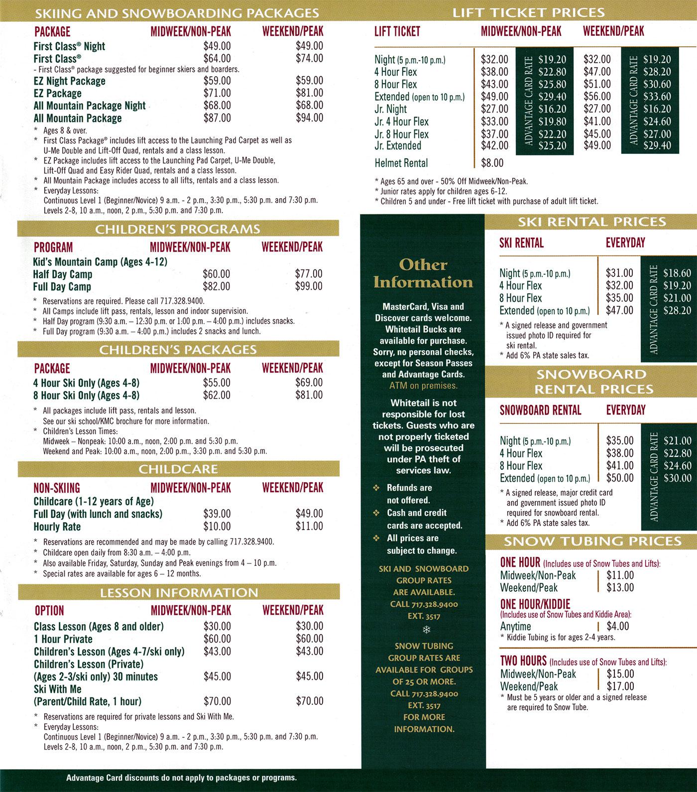 A brochure from Whitetail shows pricing for the 2000-2001 winter season. A brochure from Whitetail shows pricing for the 2000-2001 winter season.