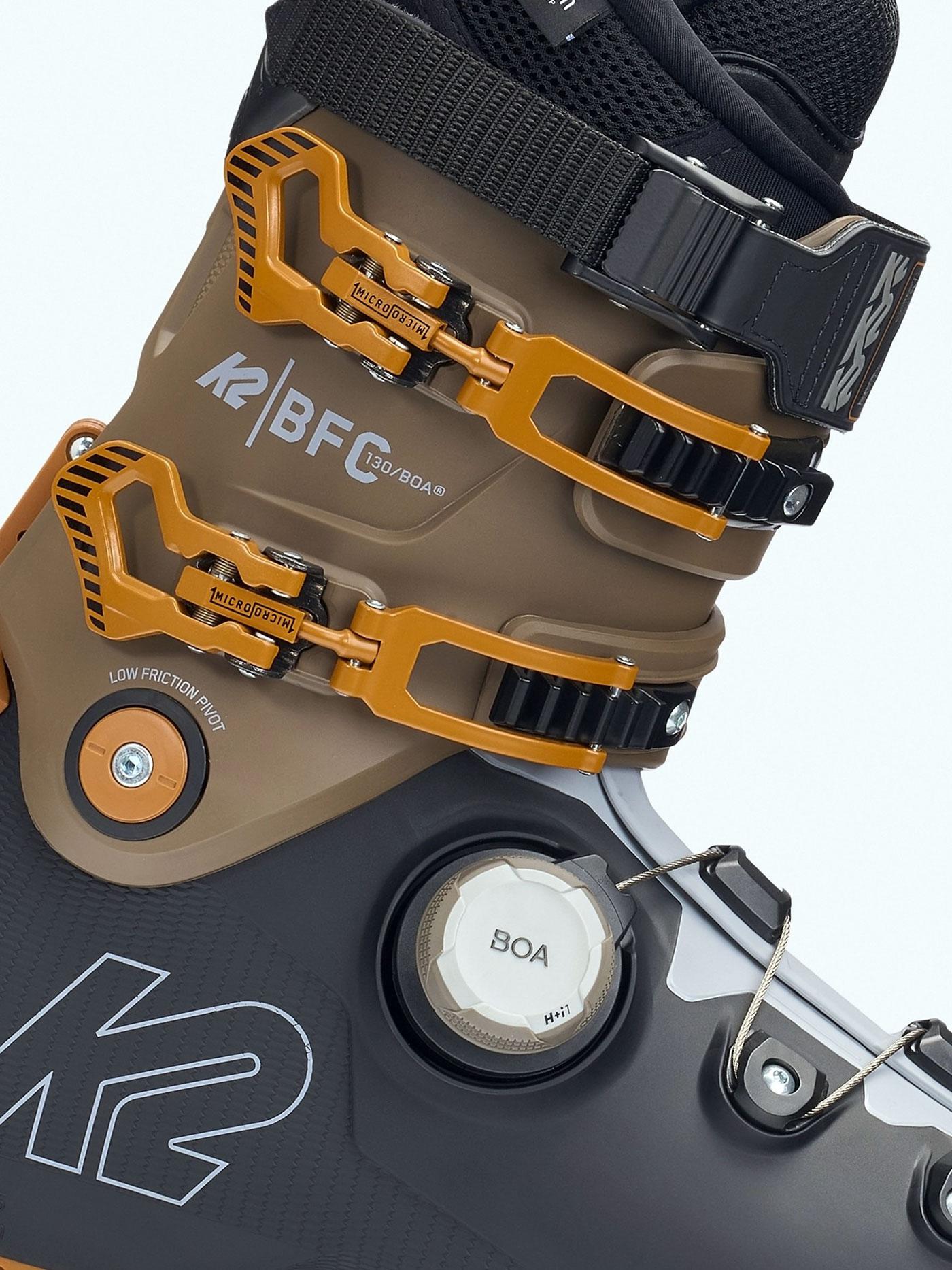 A K2 BFC 130 BOA ski boot uses the BOA Fit System to fine-tune fit across the lower shell while retaining traditional buckles on the cuff. A K2 BFC 130 BOA ski boot uses the BOA Fit System to fine-tune fit across the lower shell while retaining traditional buckles on the cuff.