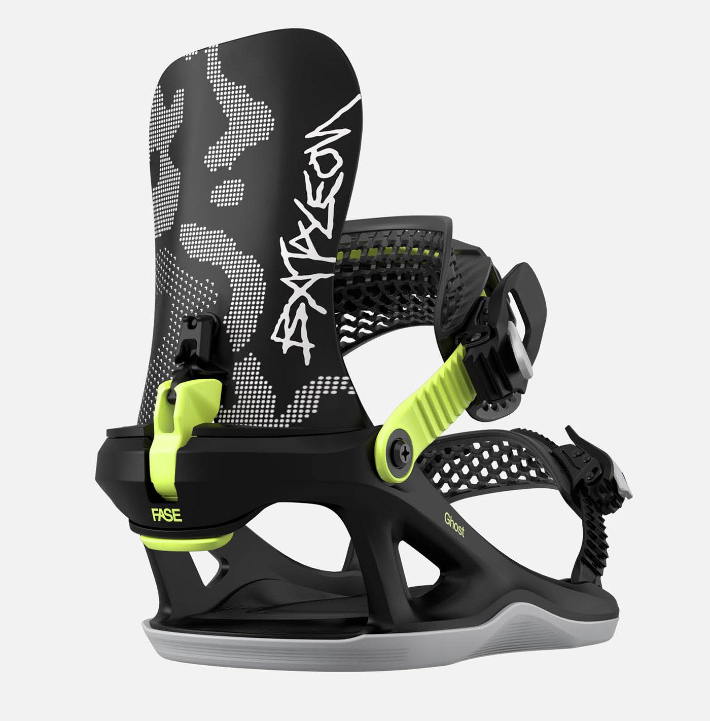 A Bataleon Ghost FASE snowboard binding uses a fast-entry system designed to speed up getting in and out while retaining the familiar feel of traditional straps. A Bataleon Ghost FASE snowboard binding uses a fast-entry system designed to speed up getting in and out while retaining the familiar feel of traditional straps.