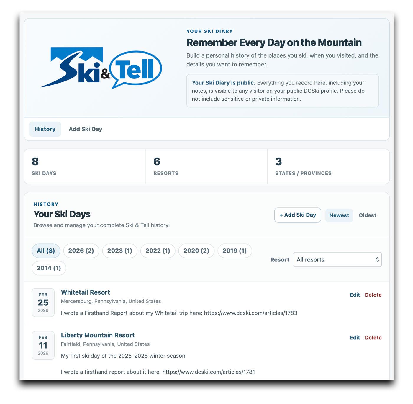 The ski diary lets you catalog your days on the slopes. The ski diary lets you catalog your days on the slopes.