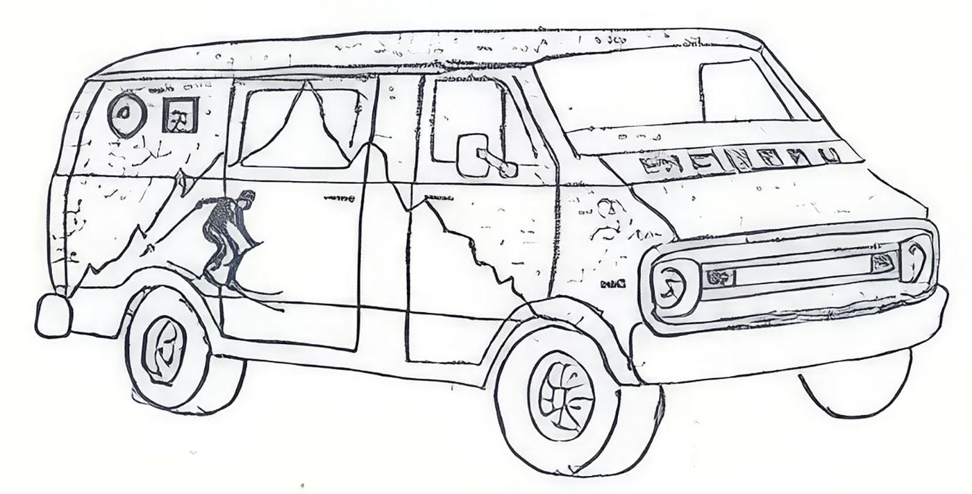 An artist’s rendering of the van reported near the scene of Cherrie Mahan’s disappearance, featuring a distinctive mountain and skier mural. Investigators continue to seek information about the vehicle and its unidentified driver. An artist’s rendering of the van reported near the scene of Cherrie Mahan’s disappearance, featuring a distinctive mountain and skier mural. Investigators continue to seek information about the vehicle and its unidentified driver.
