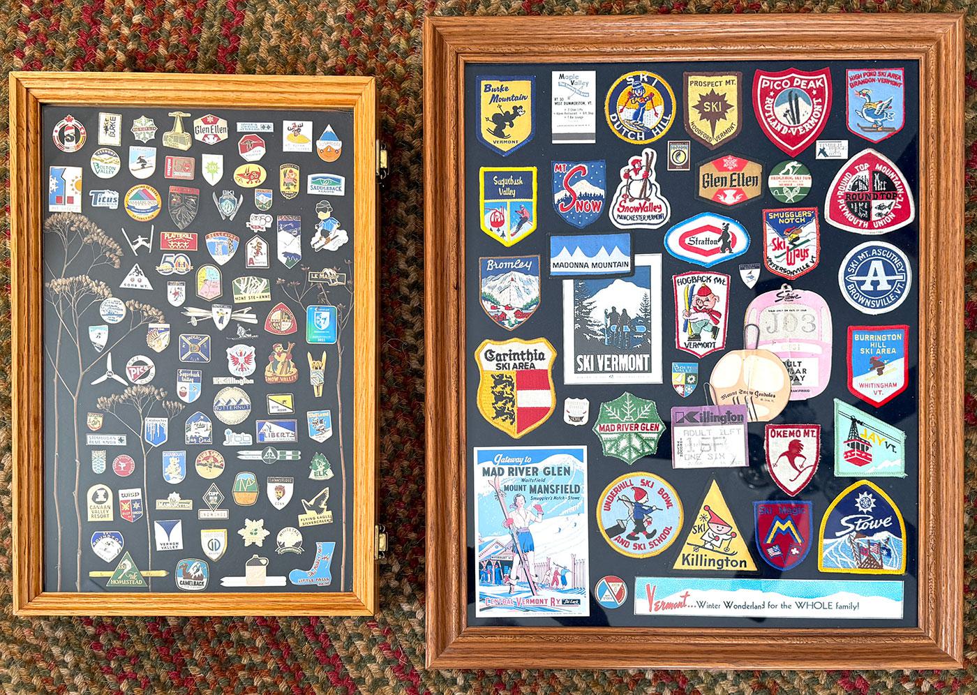 Display case of ski pins, and framed Vermont ski patches, pins, and miscellaneous items. Display case of ski pins, and framed Vermont ski patches, pins, and miscellaneous items.