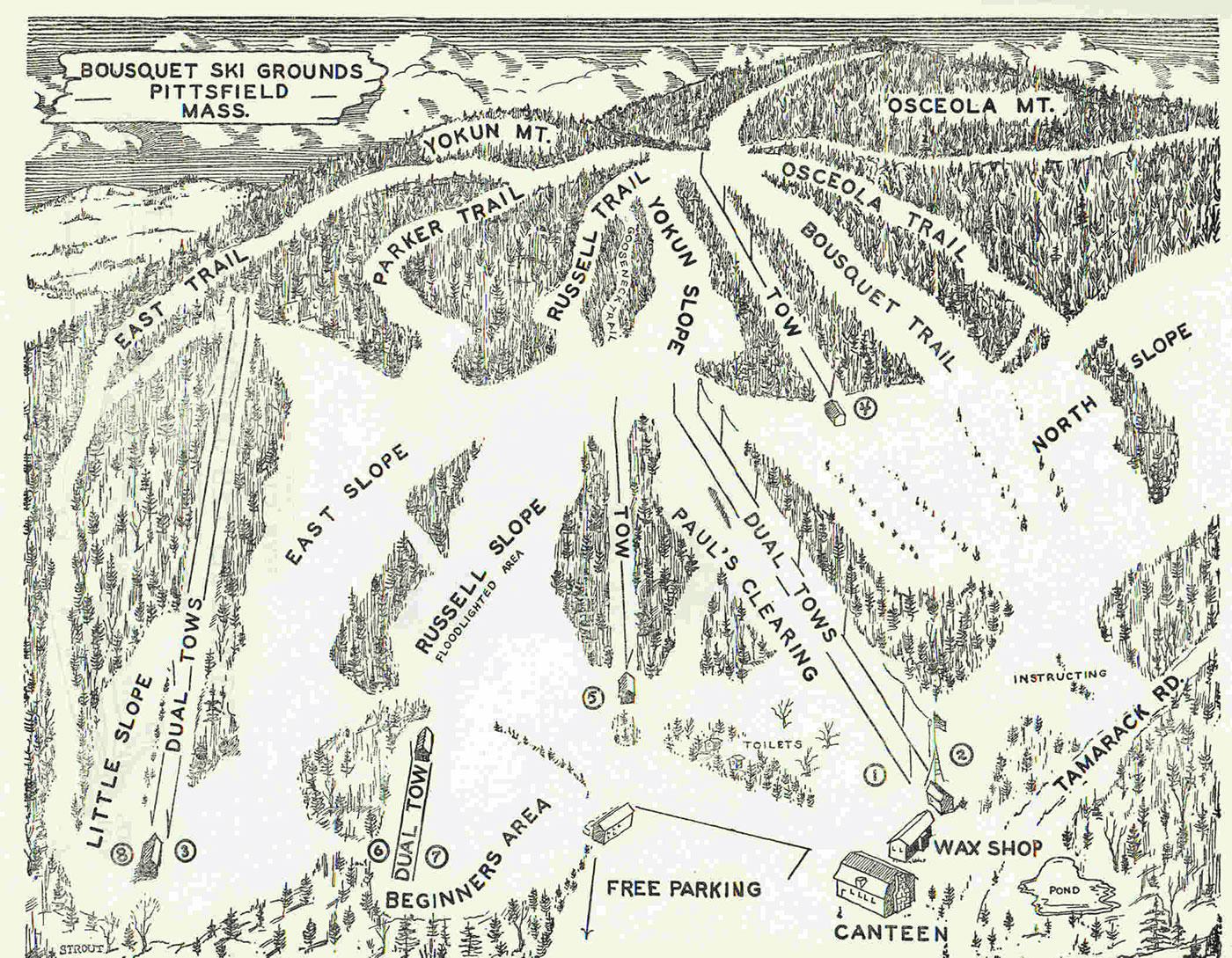 Bousquet Ski Grounds Map c. 1950. Two of the 10 tows not pictured. Bousquet Ski Grounds Map c. 1950. Two of the 10 tows not pictured.