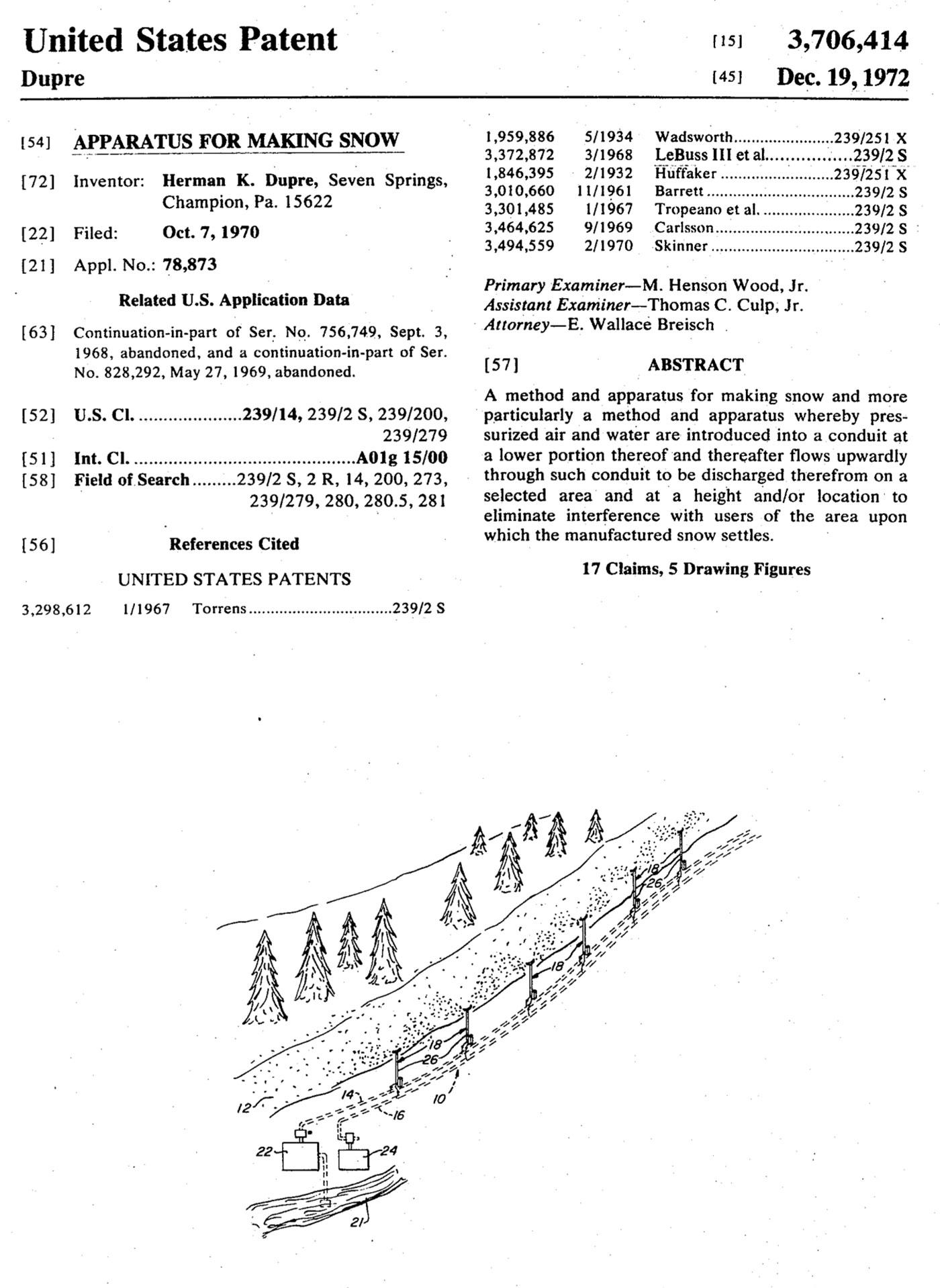 A 1970 snowmaking patent filed by Herman Dupré, who ran Seven Springs for roughly four decades. A 1970 snowmaking patent filed by Herman Dupré, who ran Seven Springs for roughly four decades.