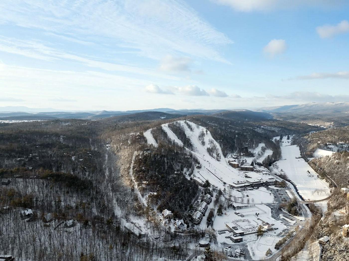An aerial view of Bryce Resort in Virginia's Shenandoah Valley, where the ski area’s compact trail network is surrounded by a year-round mountain community. An aerial view of Bryce Resort in Virginia's Shenandoah Valley, where the ski area’s compact trail network is surrounded by a year-round mountain community.